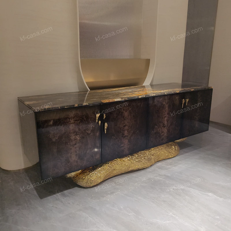 Luxury TV Stand with Bold Stone Top Textured Dark Finish Sculptural Stainless Steel Base and Cabinet Storage